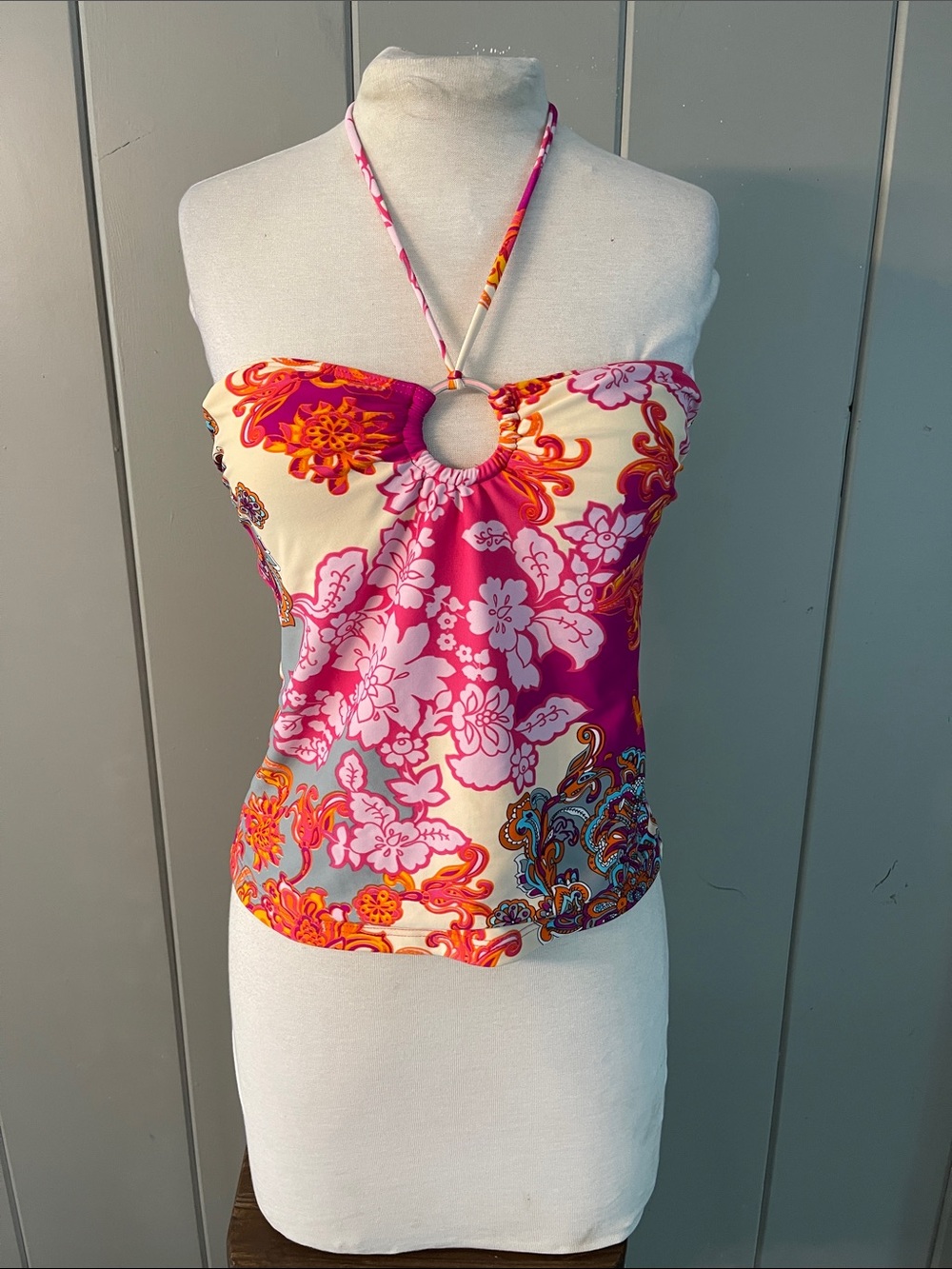 Bond Eye Tankini Top Pink Orange Floral  Resort Cruise Boho Hippie Festival